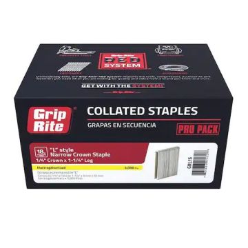 1/4" x 1-1/4" 18GA Collated Electrogalvanized L-Style Narrow Crown Finishing Staples 5000-Pack