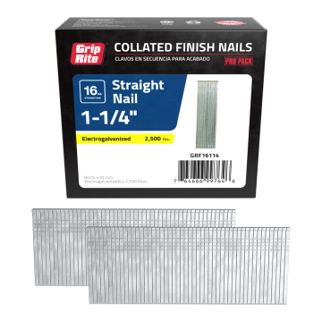 1-1/4" 16GA Electrogalvanized Smooth Shank Brad Nail 2500-Pack Grip-Rite 
