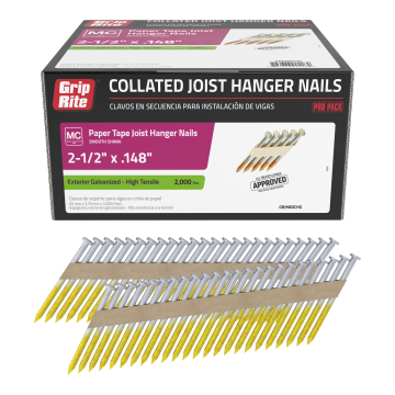 8D 2-1/2" x 0.148" Hot-Dipped Galvanized Smooth Shank 33° Paper Tape Joist Hanger Nails Grip-Rite 