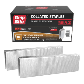 7/16" X 1 1/4" Stainless Steel "N" Style Medium Crown Staple Grip-Rite 10K-Pack