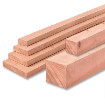 An image of stacked tight-knot cedar in various dimensions
