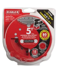 Diablo 5 In. 80-Grit Universal Hole Pattern Vented Sanding Disc with Hook and Lock Backing (15-Pack)