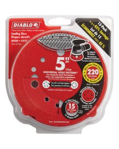 Diablo 5 In. 220-Grit Universal Hole Pattern Vented Sanding Disc with Hook and Lock Backing (15-Pack)