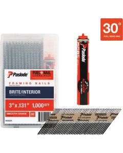 Paslode 3 In. x 0.131 In. 30 Degree Paper Tape Brite Smooth Shank RounDrive Framing Nails with (1) Framing Fuel Cell (1000 Ct.)