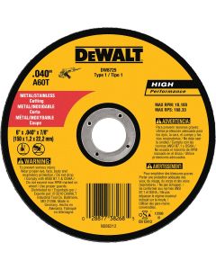 DEWALT HP Type 1 6 In. x 0.045 In. x 7/8 In. Metal/Stainless Cut-Off Wheel