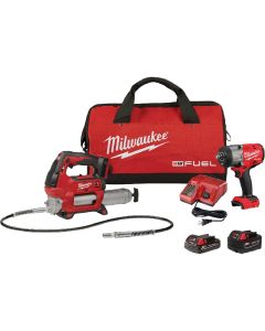 Milwaukee M18 FUEL 2-Tool Brushless Cordless High Torque Impact Wrench & Grease Gun Combo Kit with (1) 5.0 Ah Battery, (1) 2.0 Ah Battery & Charger