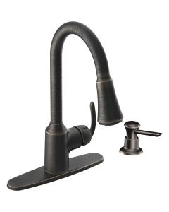 Moen Bayhill Single Handle Lever Pull-Down Kitchen Faucet with Soap Dispenser, Mediterranean Bronze