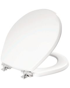 Mayfair Benton Round White Enameled Wood Toilet Seat with Slow Close Chrome Metal Hinge