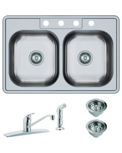 Elkay Dayton Double Bowl 33 In. x 22 In. x 7-1/16 In. Deep Stainless Steel Kitchen Sink and Faucet Kit, Top Mount