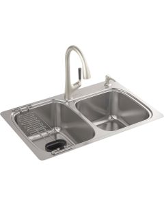 Kohler All-in-One Double Bowl 33 In. x 22 In. x 9 In. Deep Stainless Steel Kitchen Sink Kit, Top/Under Mount