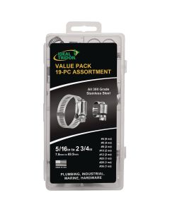 Ideal 5/16 In. to 2-3/4 In. All Stainless Steel Value Pack Hose Clamp Assortment (19-Piece)