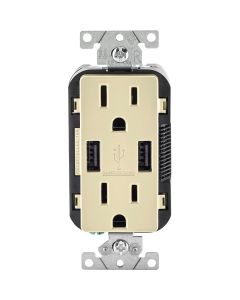 Leviton Decora 3.6A 5V Ivory 2-Port USB Charging Outlet with 5-15R Tamper Resistant Duplex Outlet