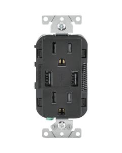 Leviton Decora 3.6A 5V Black 2-Port USB Charging Outlet with 5-15R Tamper Resistant Duplex Outlet