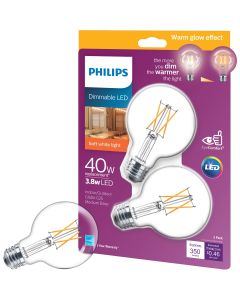 Philips Warm Glow 40W Equivalent Soft White G25 Medium Clear Dimmable LED Decorative Globe Light Bulb (2-Pack)