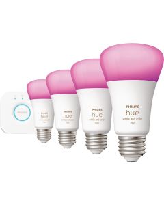 Philips Hue 4-Bulb 75W Equivalent Warm White & Color Ambiance A19 Medium Dimmable LED Light Bulb Starter Kit