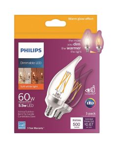 Philips Warm Glow 60W Equivalent Soft White BA11 Candelabra Dimmable LED Decorative Light Bulb (3-Pack)