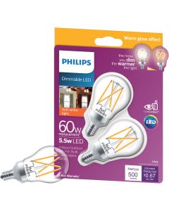 Philips Warm Glow 60W Equivalent Soft White A15 Candelabra Dimmable LED Light Bulb (2-Pack)