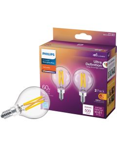 Philips Ultra Definition 60W Equivalent Soft White G16.5 Candelabra LED Decorative Light Bulb (2-Pack)