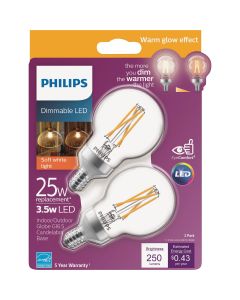 Philips Warm Glow 25W Equivalent Soft White G16.5 Candelabra Dimmable LED Decorative Light Bulb (2-Pack)