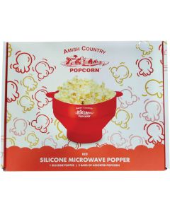 Amish Country Popcorn Red Silicone Microwave Popper with 2 Assorted Bags of Popcorn