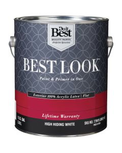 Best Look 100% Acrylic Latex Premium Paint & Primer In One Flat Exterior House Paint, High Hiding White, 1 Gal.