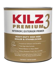 KILZ 3 Premium Water-Base Interior/Exterior Sealer Stain Blocking Primer, White, 1 Qt.