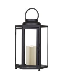 Alpine 9 In. W. x 14 In. H. x 9 In. L. Black Warm White LED Candle Hexagonal Patio Lantern