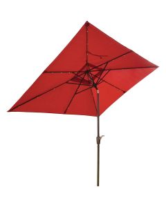 Outdoor Expressions 9 Ft. x 7 Ft. Rectangular Aluminum Tilt/Crank Crimson Red Patio Umbrella with Solar LED Lights