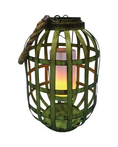 Alpine 7 In. W. x 18 In. H. x 7 In. L. Green Iron Flickering LED Solar Patio Lantern