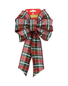 Holiday Trims 7-Loop 8.5 In. W. x 14 In. L. Red/Green/White Plaid Christmas Bow with Gold Highlights