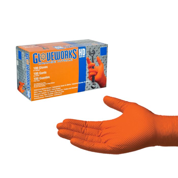 Large Ammex GWON46100 Orange Gloveworks Nitrile Industrial Latex Free Disposable Gloves, 8-Mil, 100-Pack