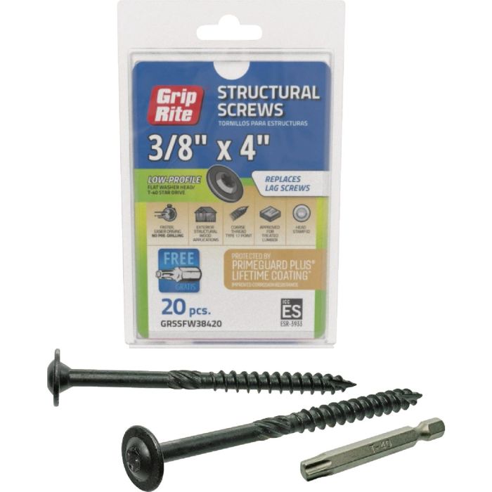 Grip-Rite PrimeGuard Plus 3/8 In. x 4 In. Flat Washer Head Structure Screw (20-Count)