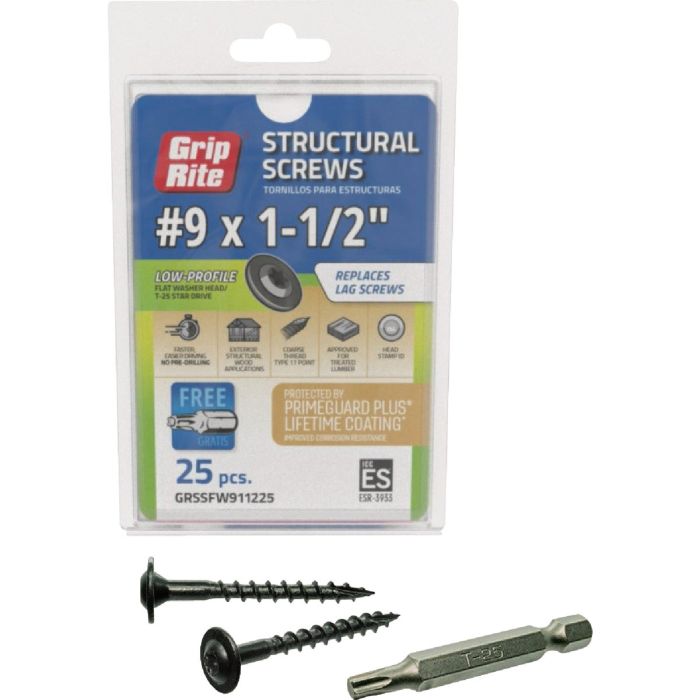 Grip-Rite PrimeGuard Plus #9 x 1.5 In. Flat Washer Head Structure Screw (25-Count)