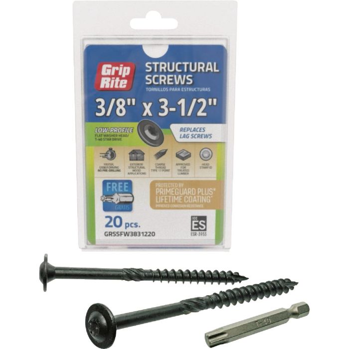 Grip-Rite PrimeGuard Plus 3/8 In. x 3.5 In. Flat Washer Head Structure Screw (20-Count)