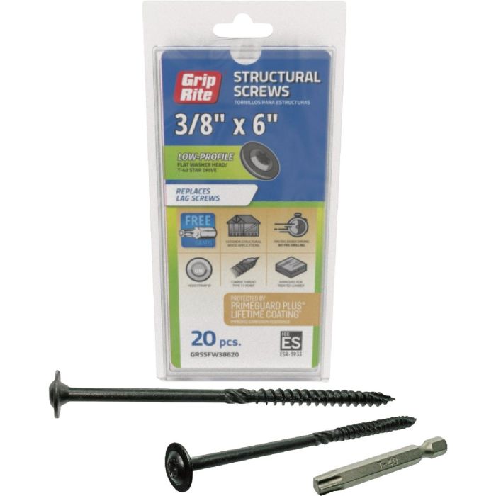 Grip-Rite PrimeGuard Plus 3/8 In. x 6 In. Flat Washer Head Structure Screw (20-Count)