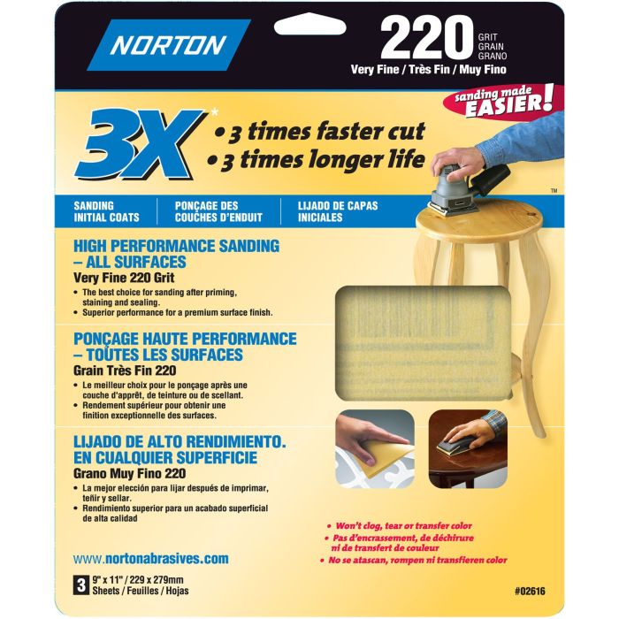 9" x 11" Norton 02616 ProSand Sanding Sheet 220-Grit, 3-Pack