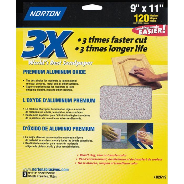 9" x 11" Norton 02619 ProSand Sanding Sheet 120-Grit, 3-Pack