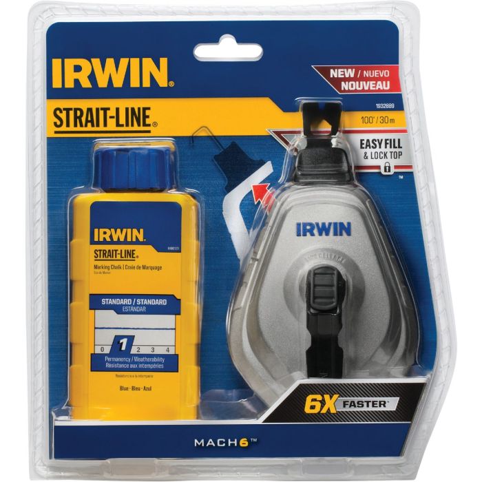 Irwin STRAIT-LINE Mach6 100 Ft. Chalk Line Reel and Chalk, Blue