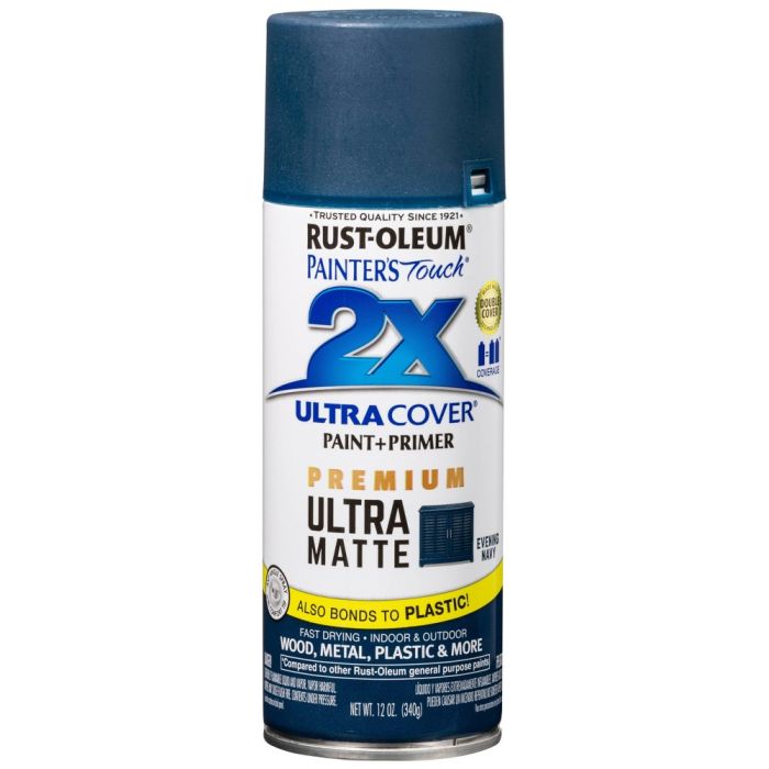 12 Oz Rust-Oleum 331183 Evening Navy Painter's Touch 2X Ultra Cover Paint + Primer Spray Paint, Matte