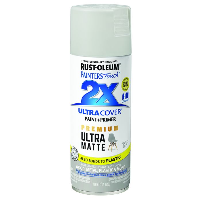 12 Oz Rust-Oleum 331184 Perfect Gray Painter's Touch 2X Ultra Cover Paint + Primer Spray Paint, Matte