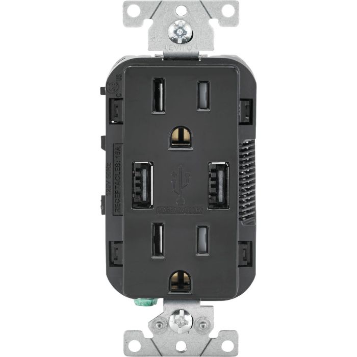Leviton Decora 3.6A 5V Black 2-Port USB Charging Outlet with 5-15R Tamper Resistant Duplex Outlet