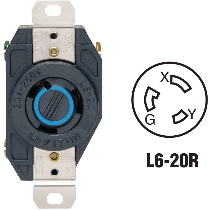 Leviton 20A 250V Black Industrial Grade L6-20R Locking Outlet Receptacle