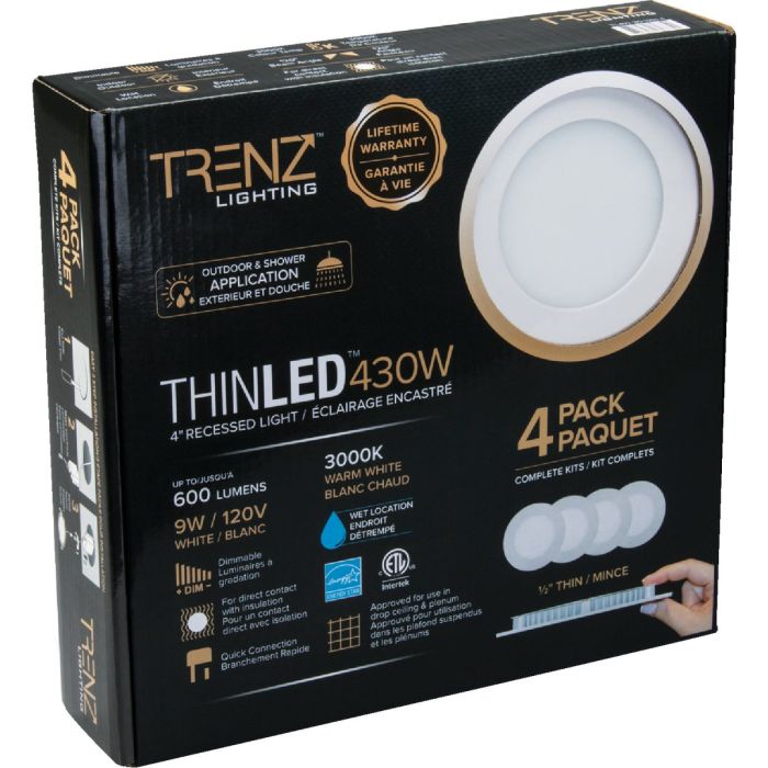 Liteline Trenz ThinLED 4 In. New Construction/Remodel IC Rated White 600 Lm. 3000K Recessed Light Kit (4-Pack)