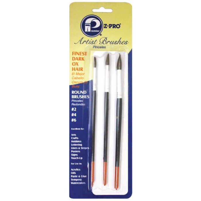 3 pc Premier AR10108 Artist Brush White Bristle Round Carded Brush Set, 3-Piece