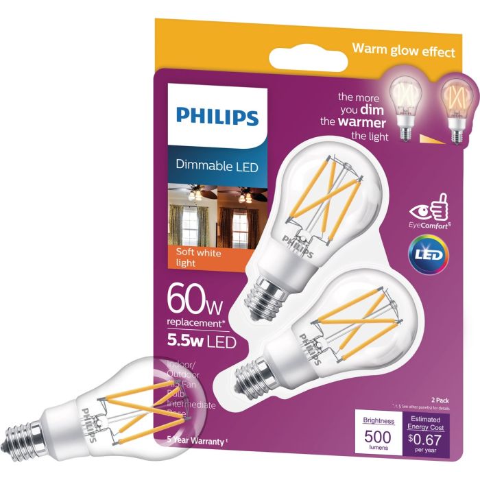 Philips Warm Glow 60W Equivalent Soft White A15 E17 Base Dimmable LED Light Bulb (2-Pack)